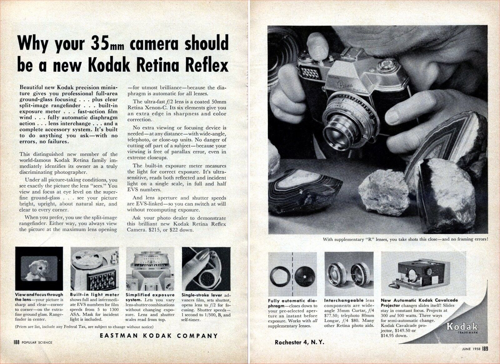 1958 Vintage Magazine 2 Page Ad Kodak 35mm Retina Reflex Camera