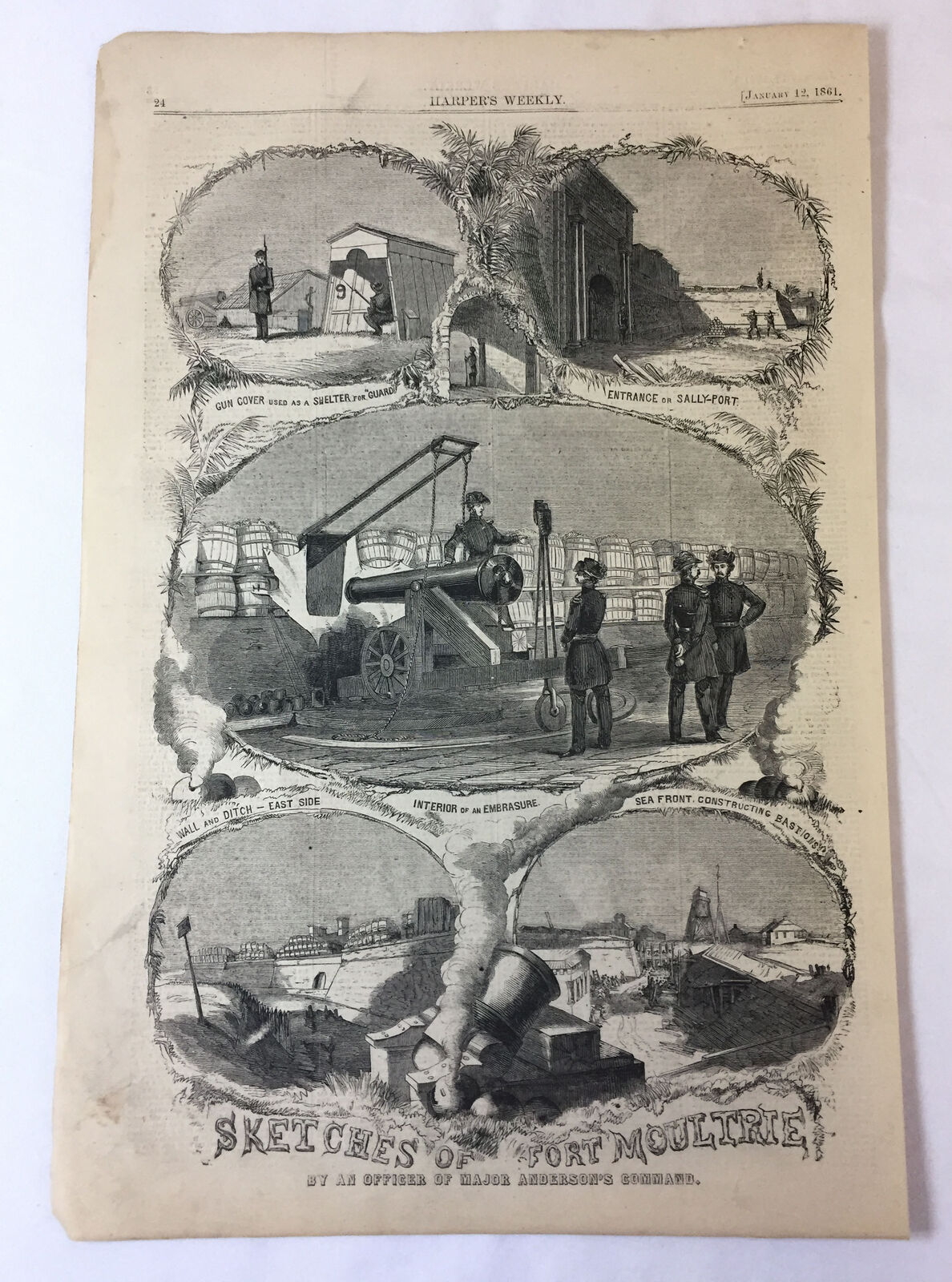 1861 magazine engraving~ 11x16 ~ SKETCHES OF FORT MOULTRIE
