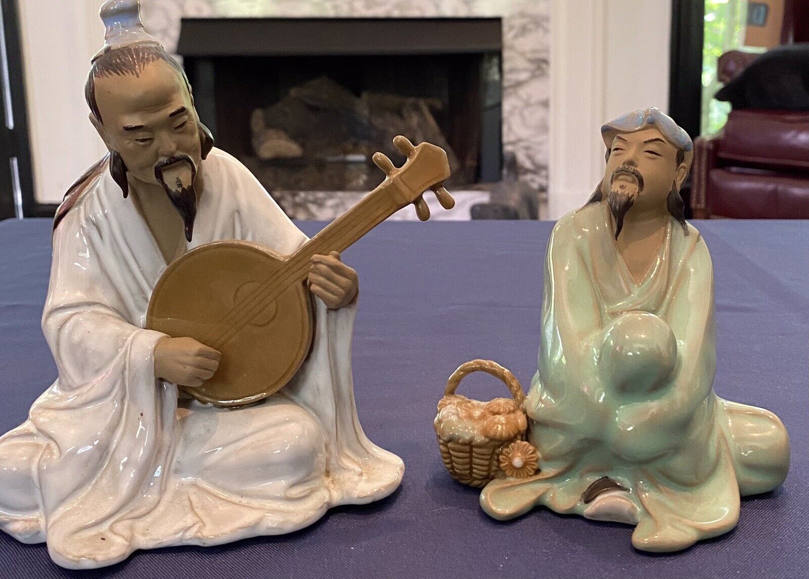 Vintage Shiwan Porcelain Chinese Mud Men (Two) 6” Playing Instrument, 5” Sitting
