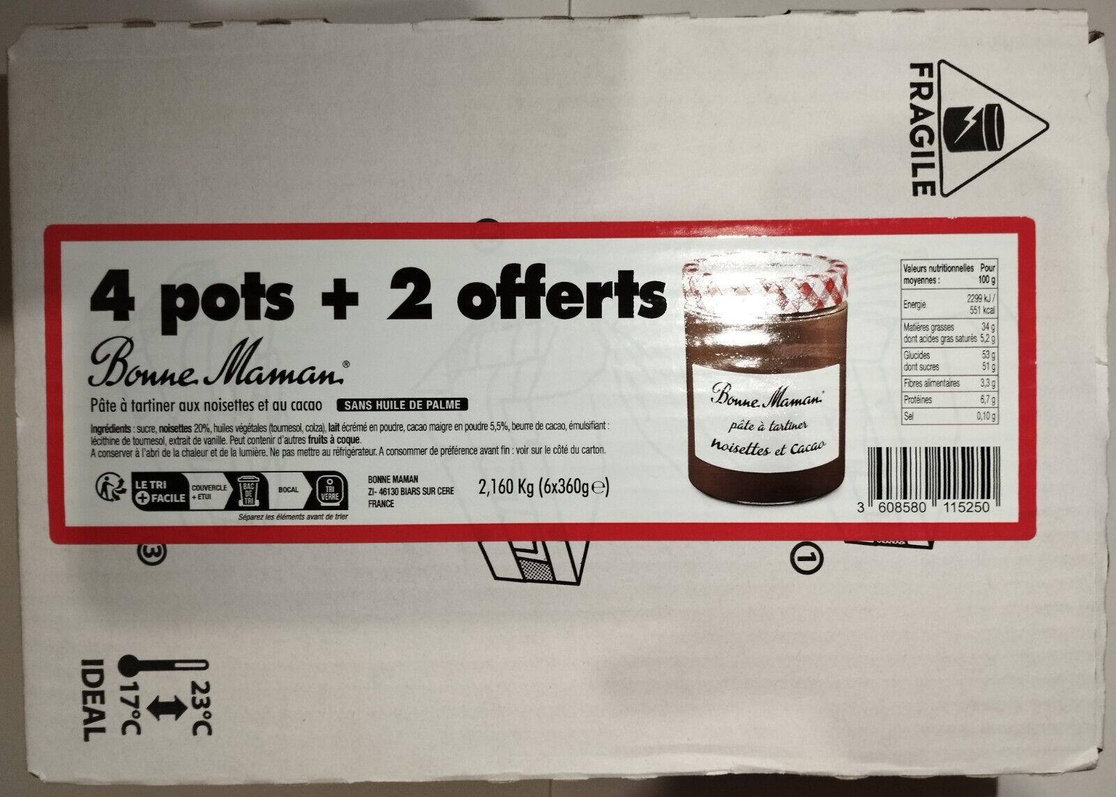 Carton of 6 Bonne Maman Jars Spread Chocolate Hazelnut — 76.19 oz. 2160g Rare