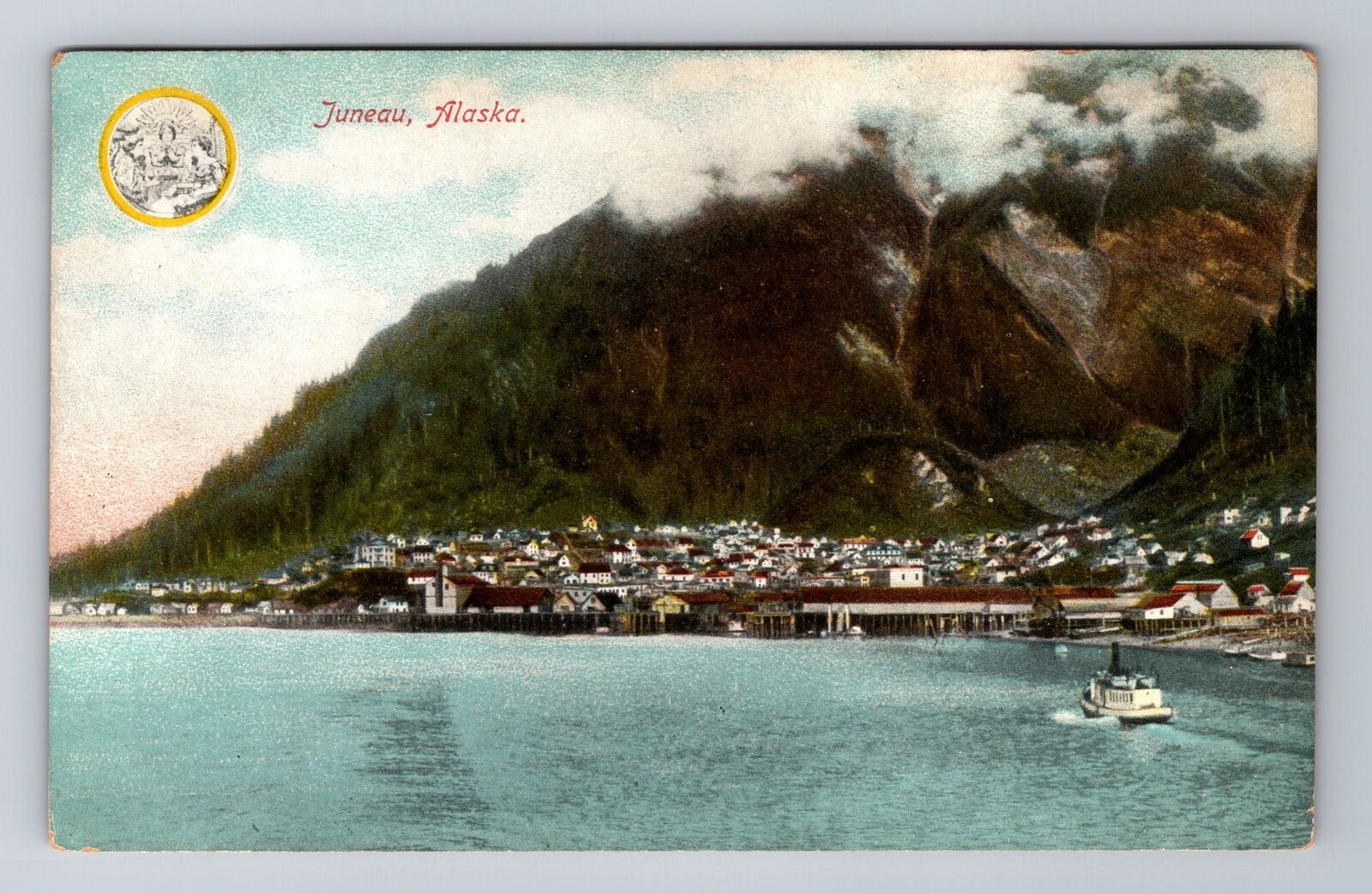 Juneau AK-Alaska, Aerial Of Town Area, Antique, Vintage Souvenir Postcard