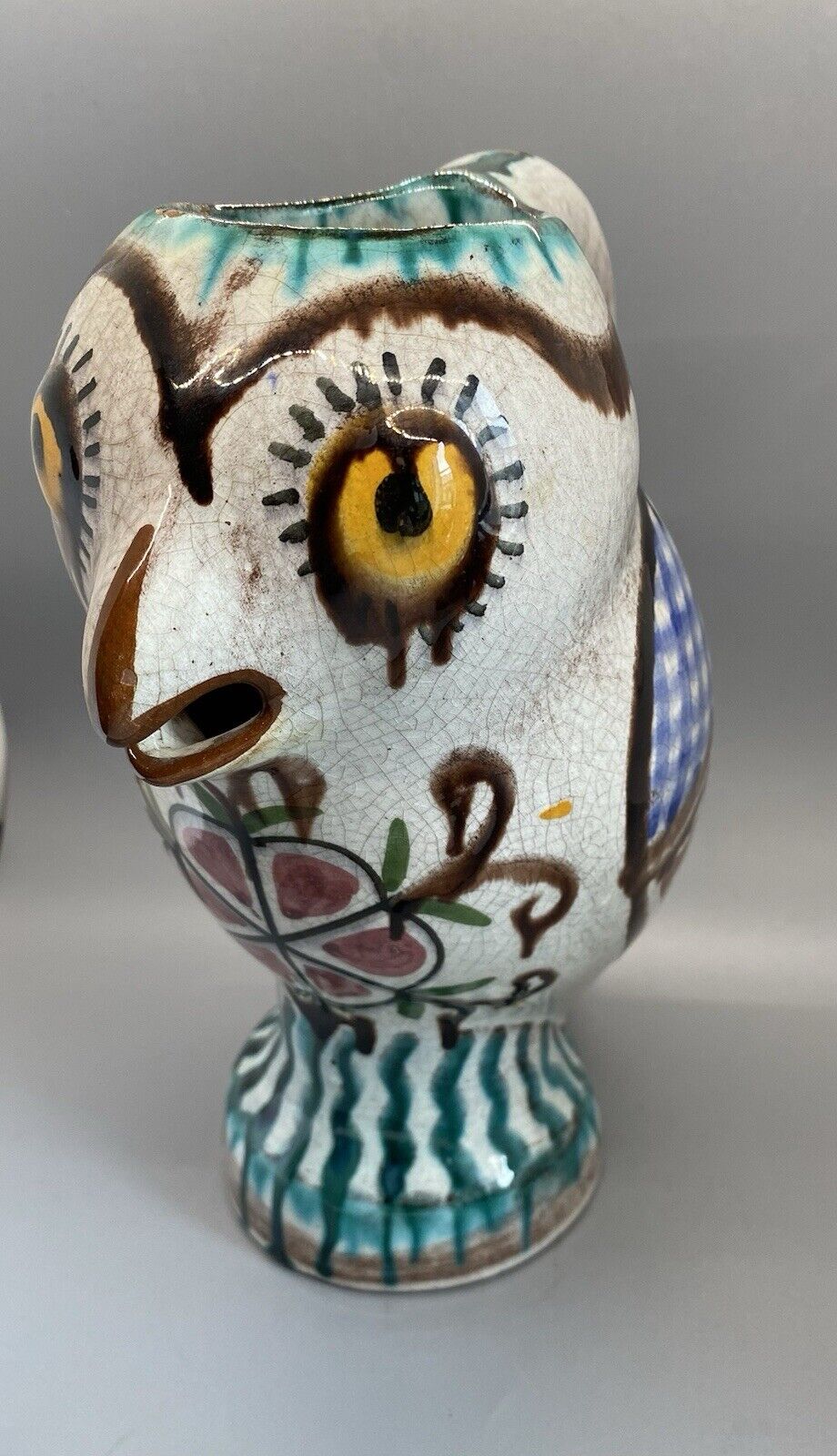 Owl Pitcher , Vintage Greek Folk Art,, Kourtizis Pottery, Handmade, Late 1960s.