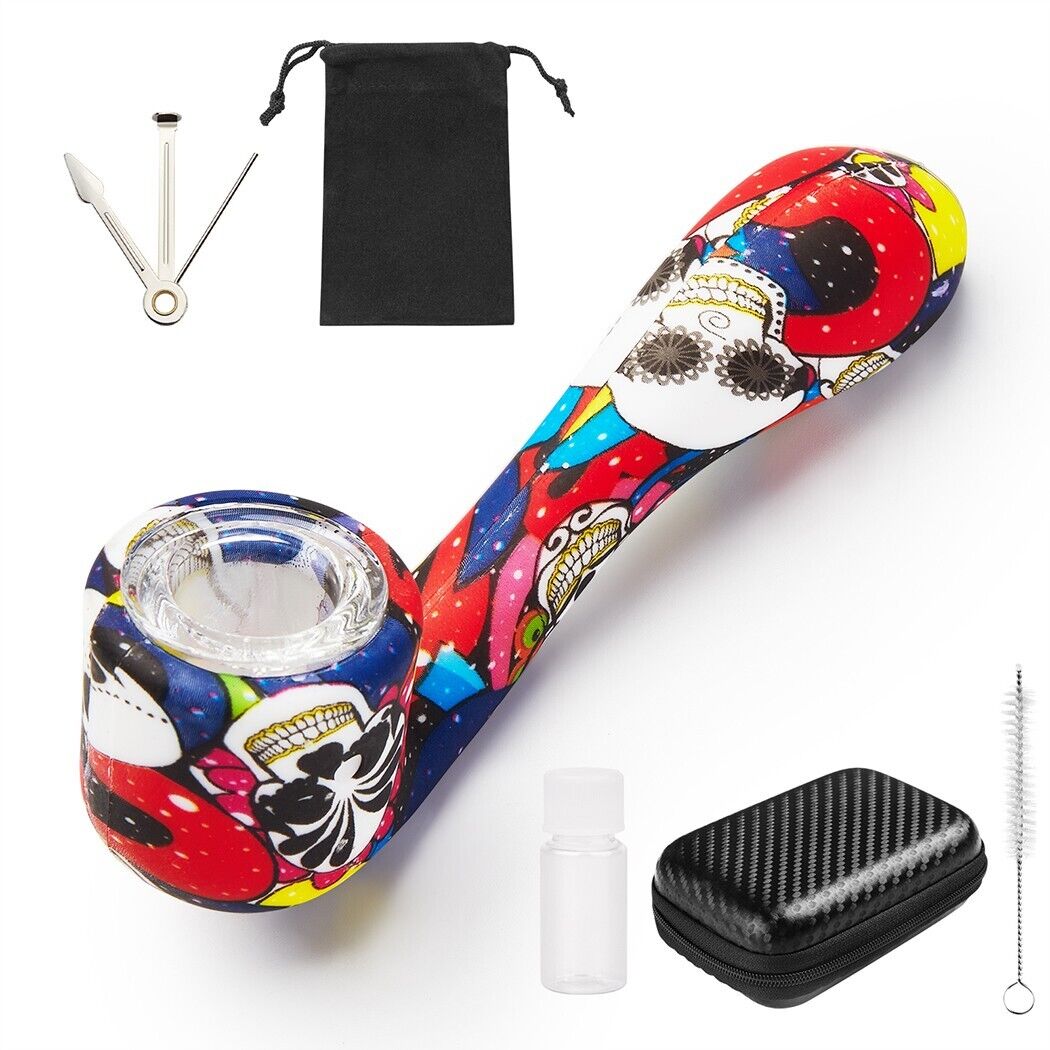 4.5'' Skeleton Silicone Tobacco Smoking Hand Pipe with 9-Hole Glass Bowl & Box