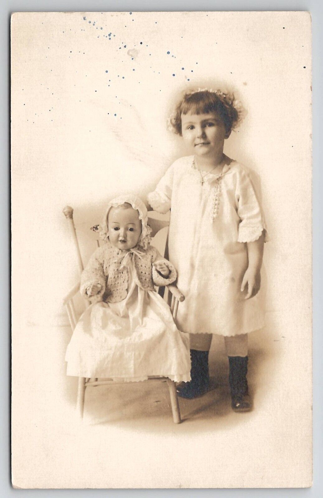 RPPC Toledo OH Little Girl And Large Antique Baby Doll Studio Photo Postcard A49