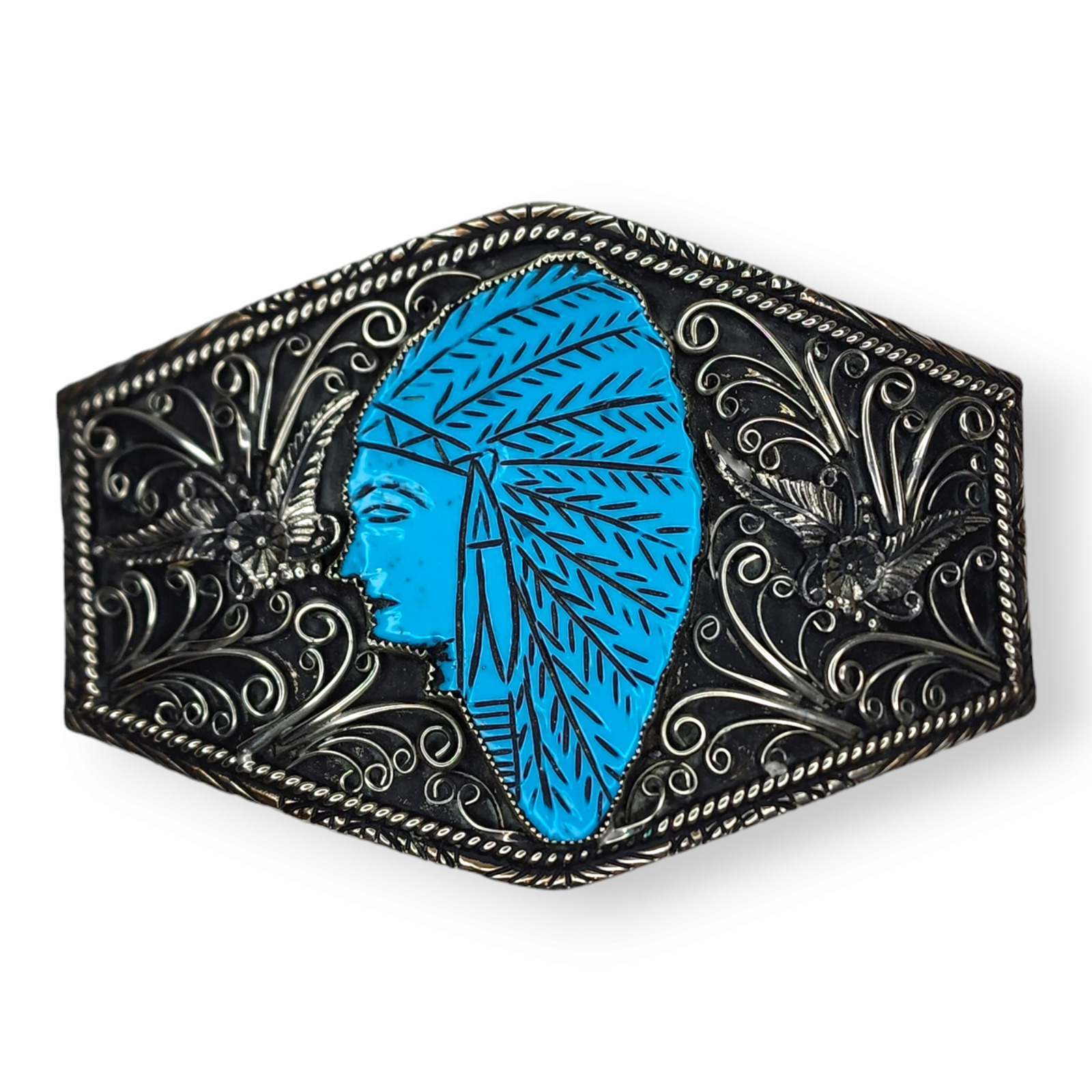 GIANT Vintage Southwestern Nickel Silver Turquoise Indian Chief Belt Buckle