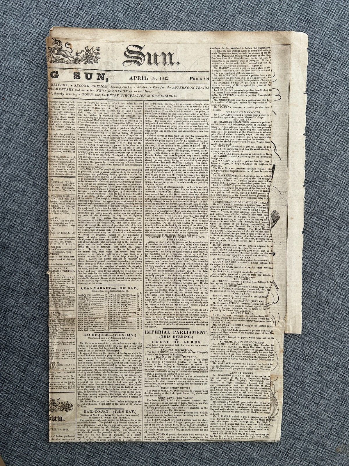 THE SUN NEWSPAPER APRIL 18TH 1842 MAP OF ASIA