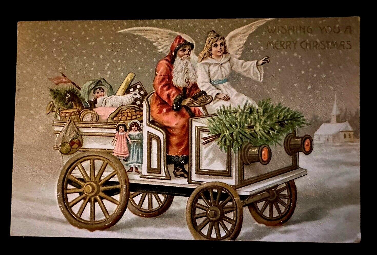 Vintage 1908 ~Santa Claus~Antique Car~Angel & Baby Jesus Christmas Postcard~k410