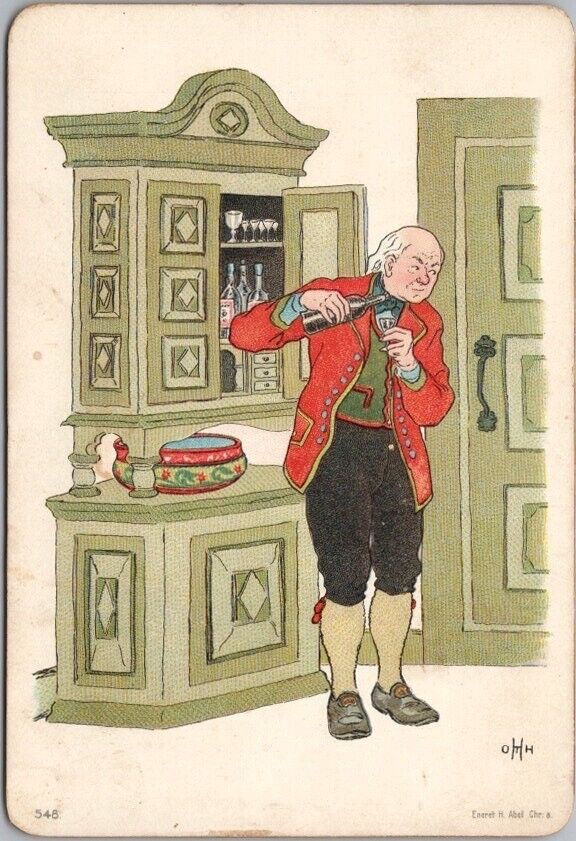 c1900s ALCOHOL Drinking Postcard Butler in Pantry / Artist-Signed E. ABEL Unused