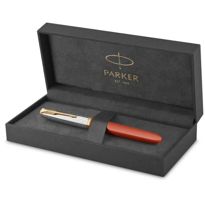 Parker 51 Premium Rage Red, Chrome & Gold Trim M Fountain Pen 2169072 New In Box