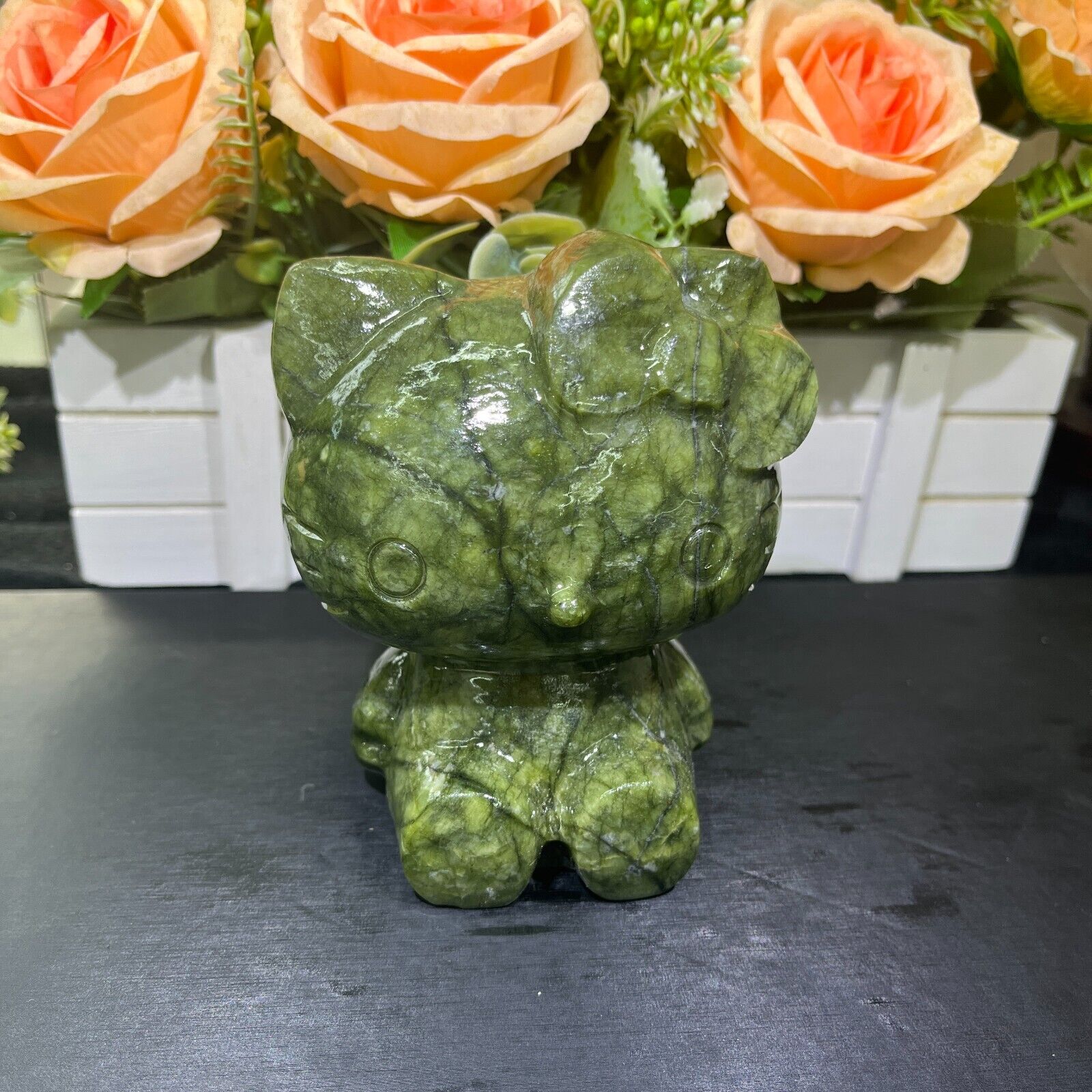 2.5LB 4.6''Natural Xiuyan Jade Hello Kitty Cat Crystal Quartz Healing Carving