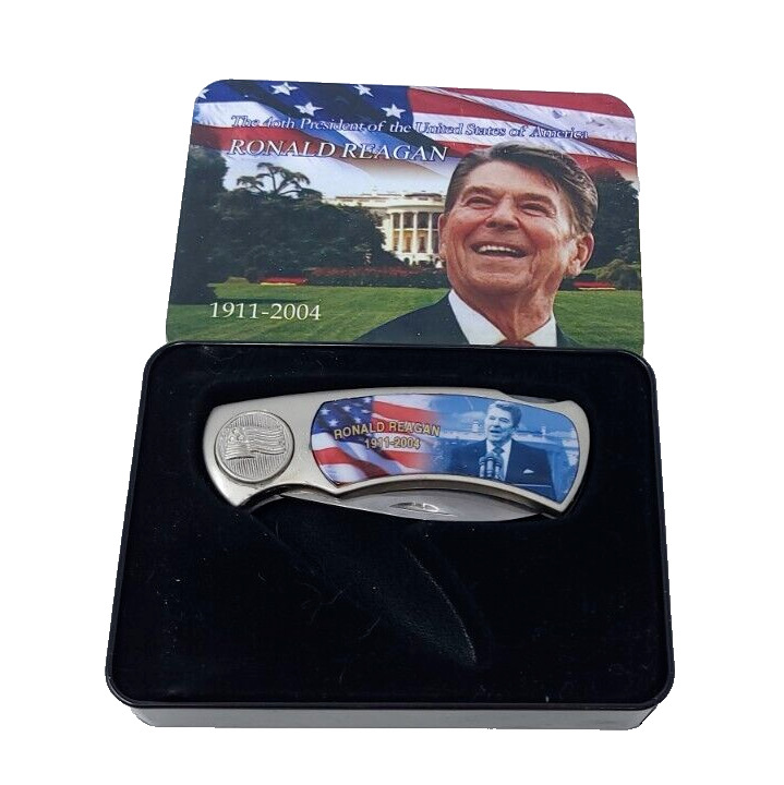 Ronald Reagan President 1911-04 Lockback Pocket Knife U.S. Flag Presentation Tin