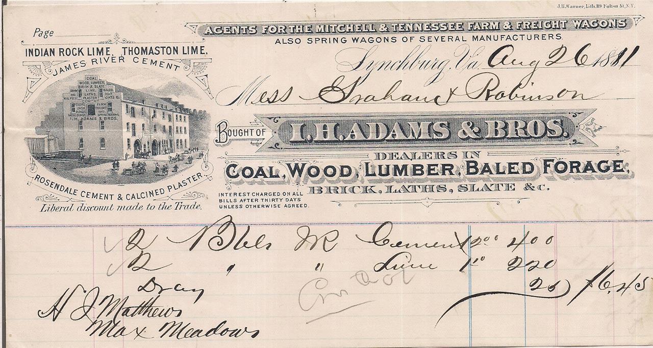 1881 LH Adams & Bros LYNCHBURG VA Indian Rock Lime Coal Wood Lumber Baled Forage