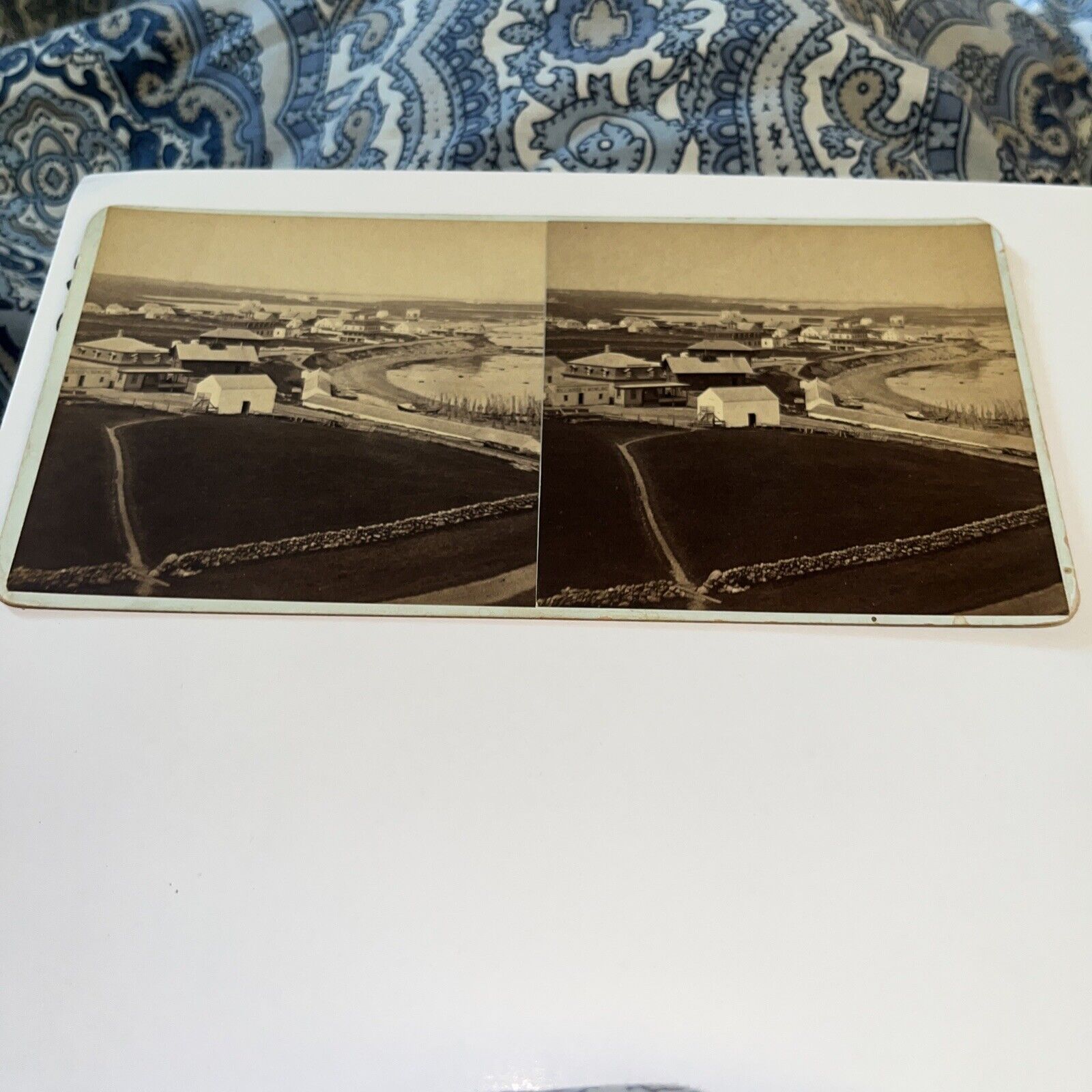 Antique Stereoview Card Photo: Old Harbor Village Block Island Boats Rhode RI