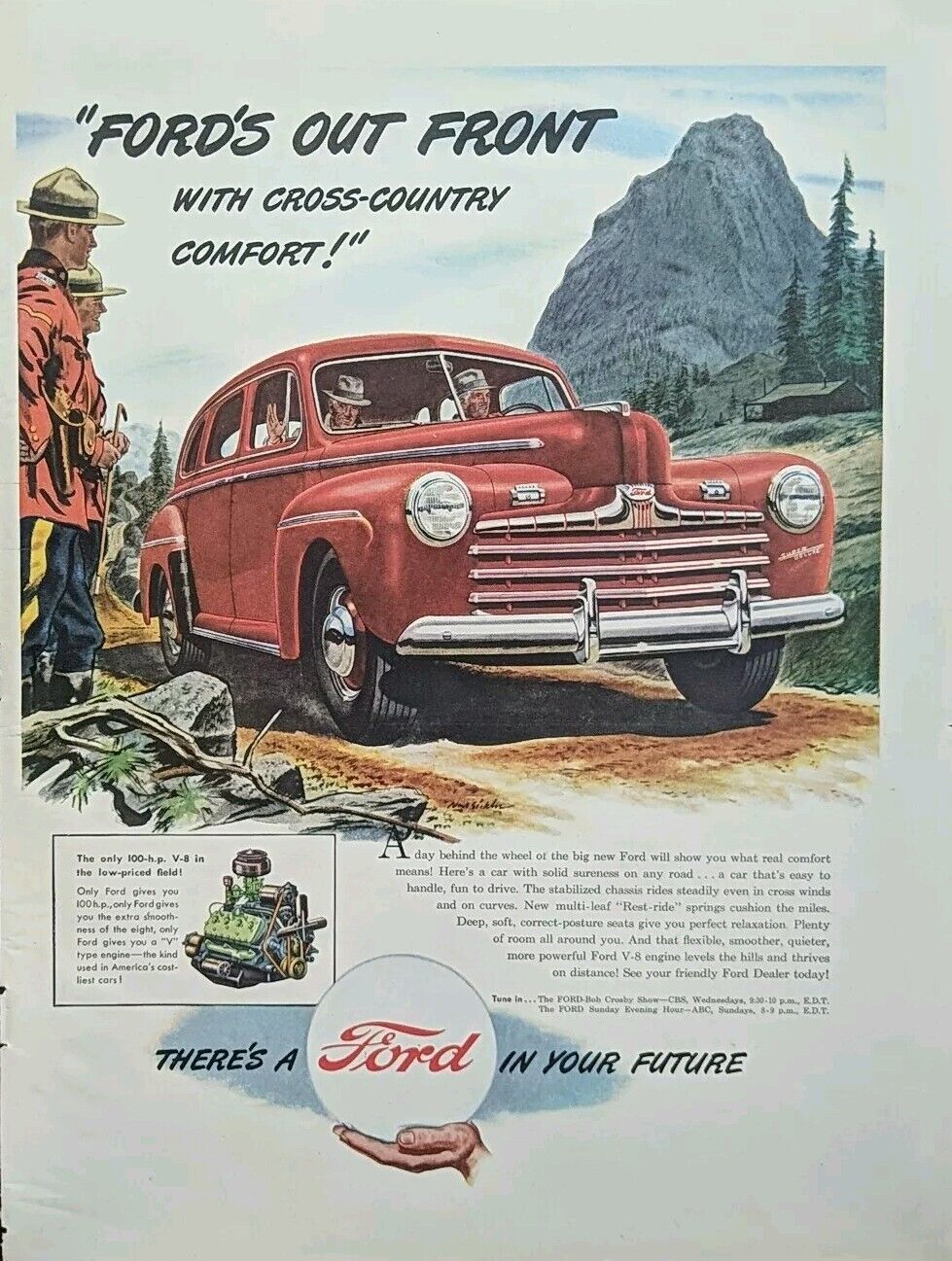 1946 Vintage Red Ford Automobile Print Ad, Mountain Backdrop, Beautiful Colors