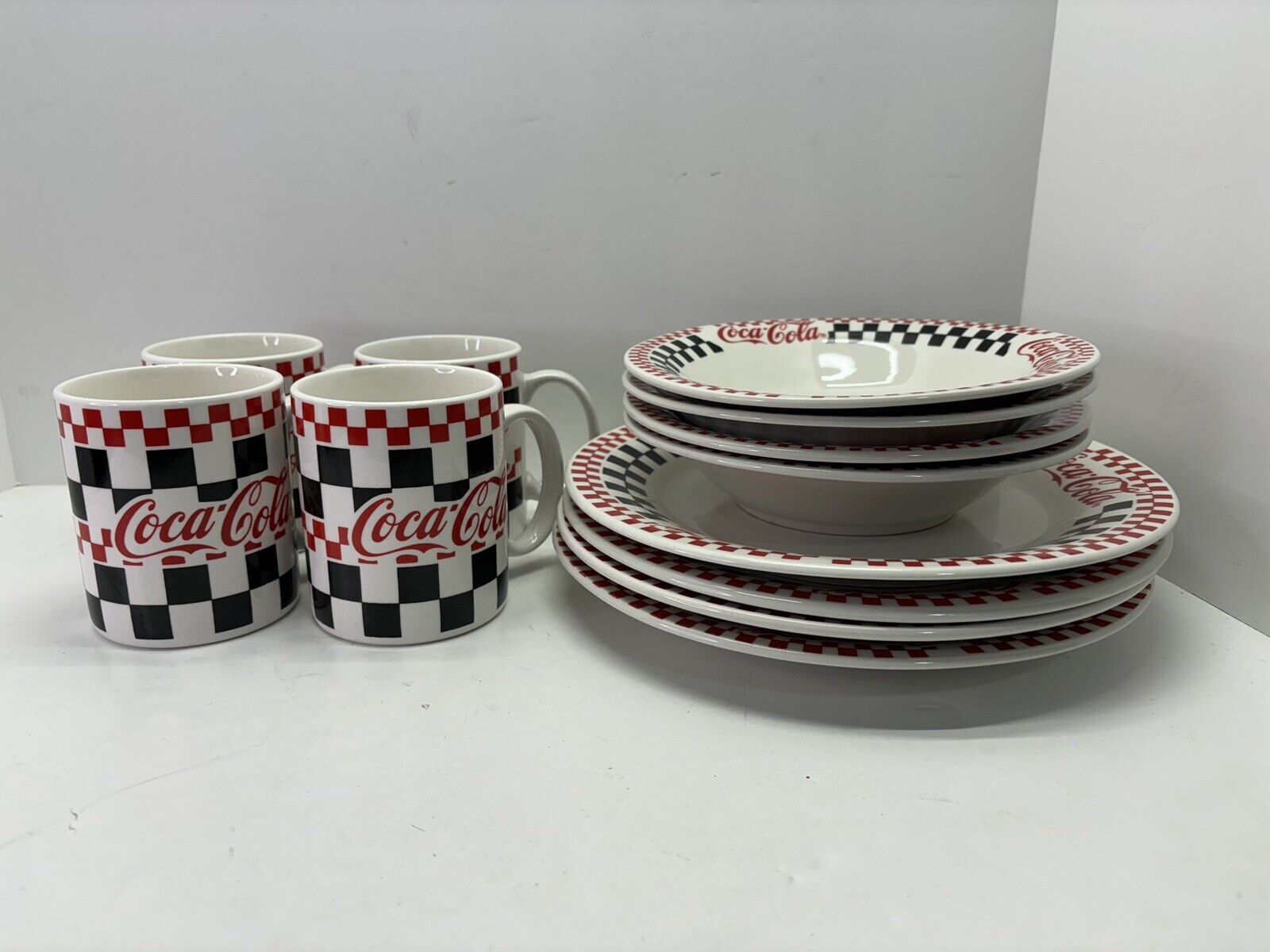 12 pc Coca-Cola Collectible Dish Set Checkered Pattern Gibson Plates Bowls Mugs
