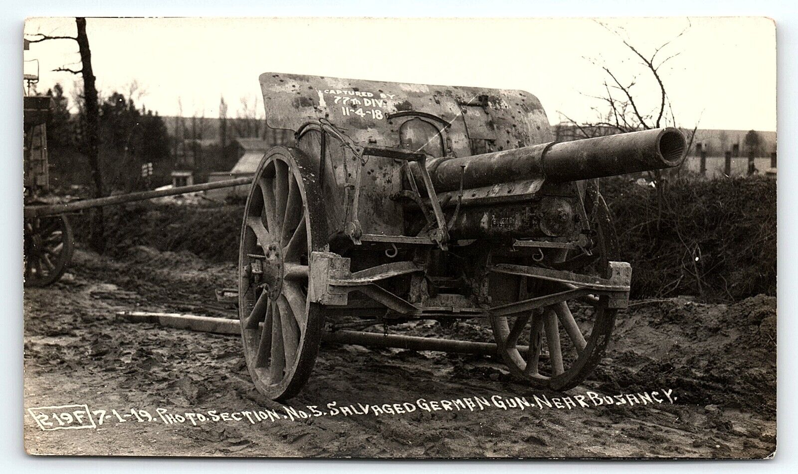 7-1-19 WWI ORIGINAL AUTHENTIC PHOTO SALVAGED GERMAN GUN NEAR BUSANCY P1574