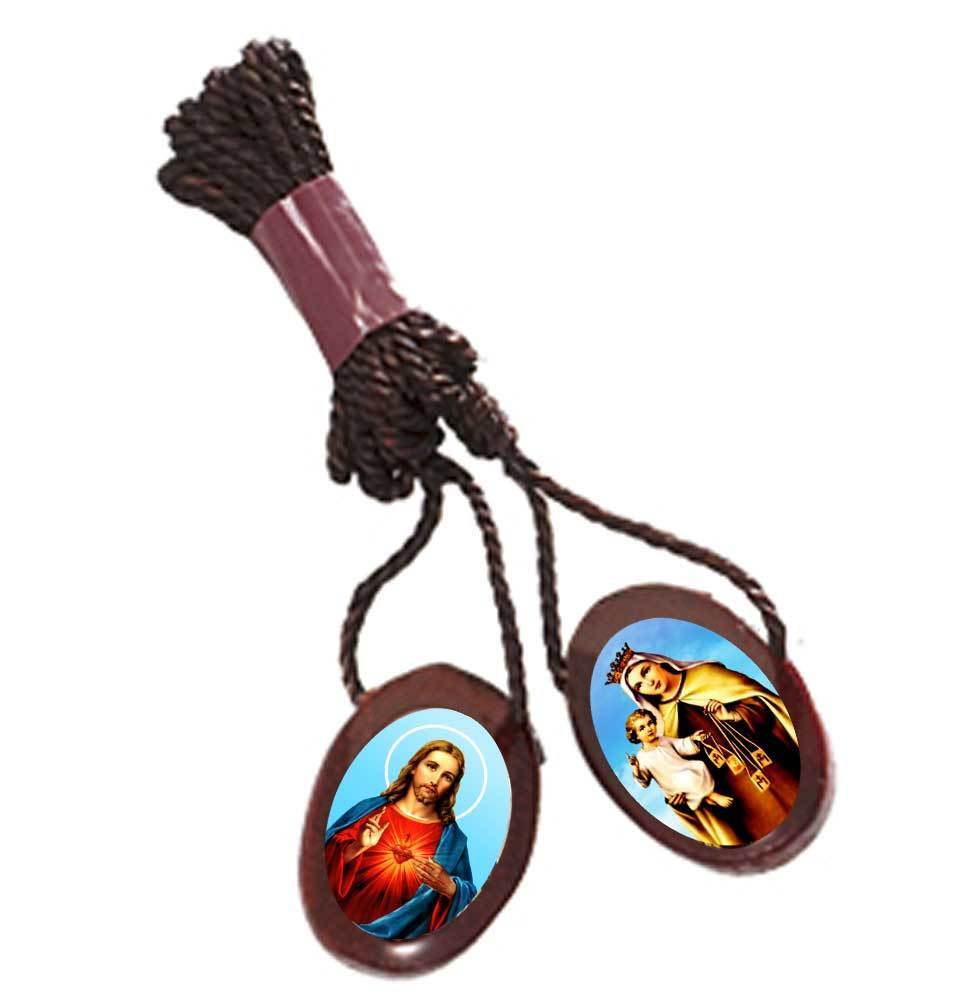 Small Oval Wood Catholic Scapular,Medal of Jesus/Our Lady of Mt. Carmel, 6 Set 