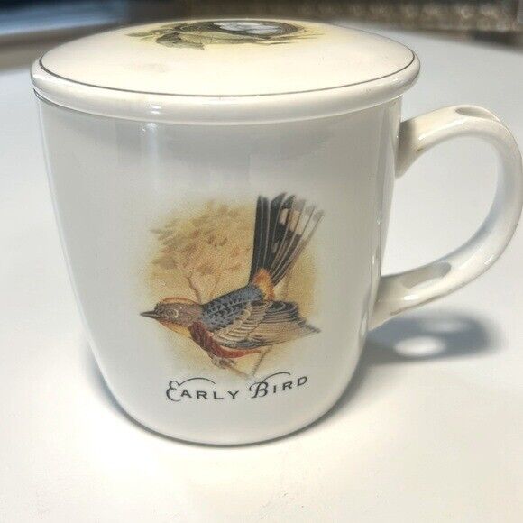 Victorian Trading Co vintage porcelain tea coffee mug w lid ‘Early Bird’ motif