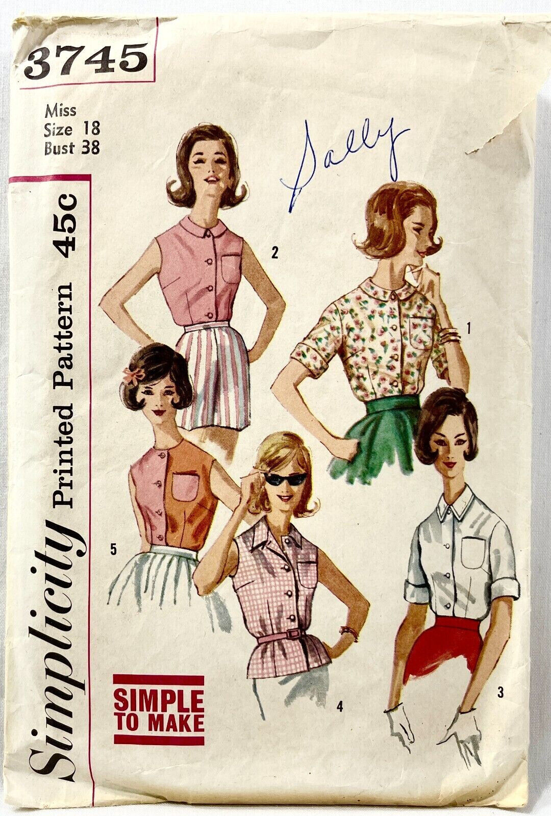 1960s Simplicity Sewing Pattern 3745 Womens Blouses 5 Styles Size 18 Vintg 12265