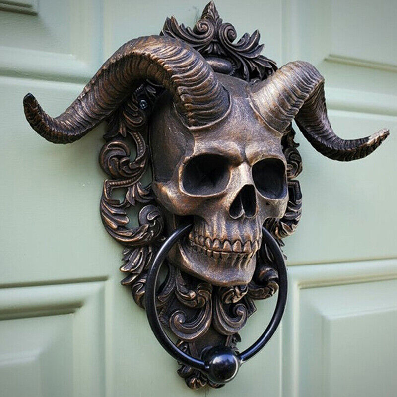 Baphomet Horned God Skull Hanging Door Knocker with Built in Striker Plate