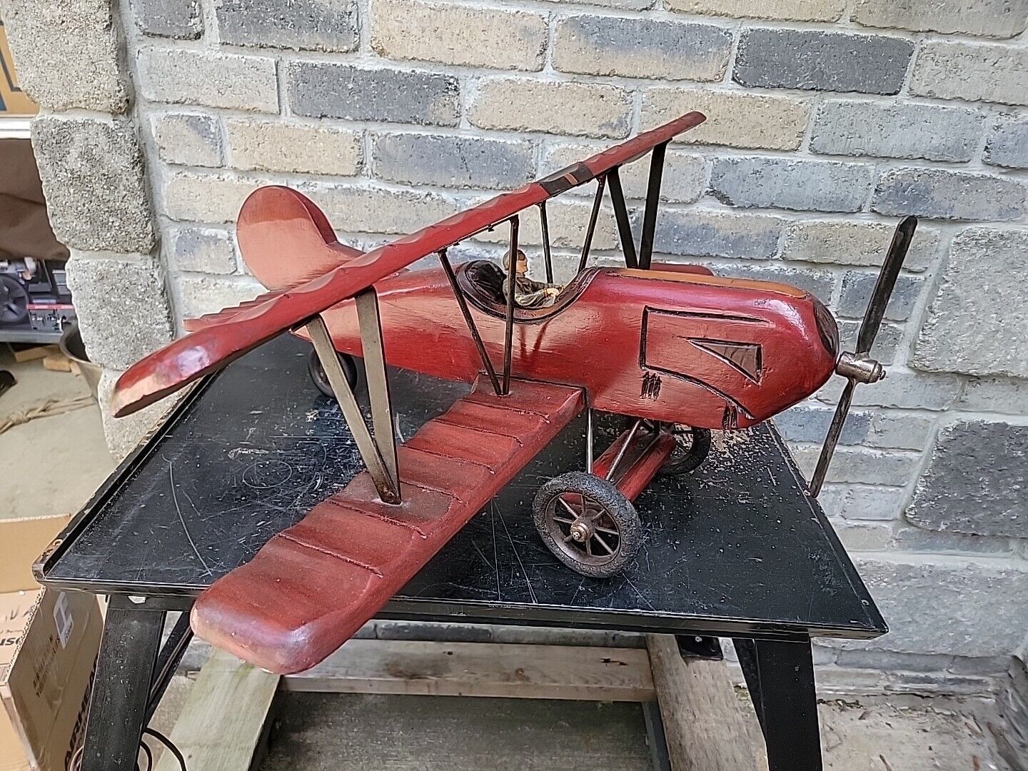 Vintage Red Baron Bi-Plane Fighter Pilot Wood Carved
