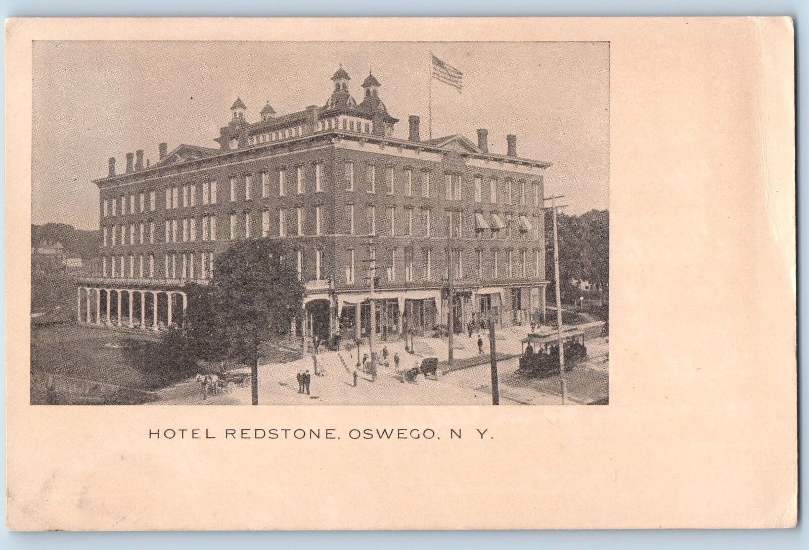Oswego New York NY Postcard Hotel Redstone Building Exterior Roadside c1905\'s
