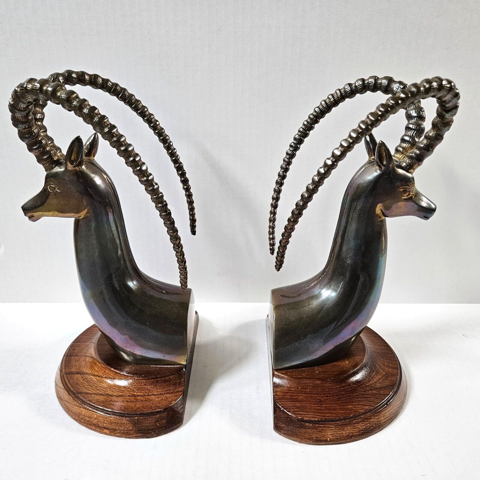 Vintage Sarreid Gazelle Antelope Brass on Wood Bookends Mid Century Spain
