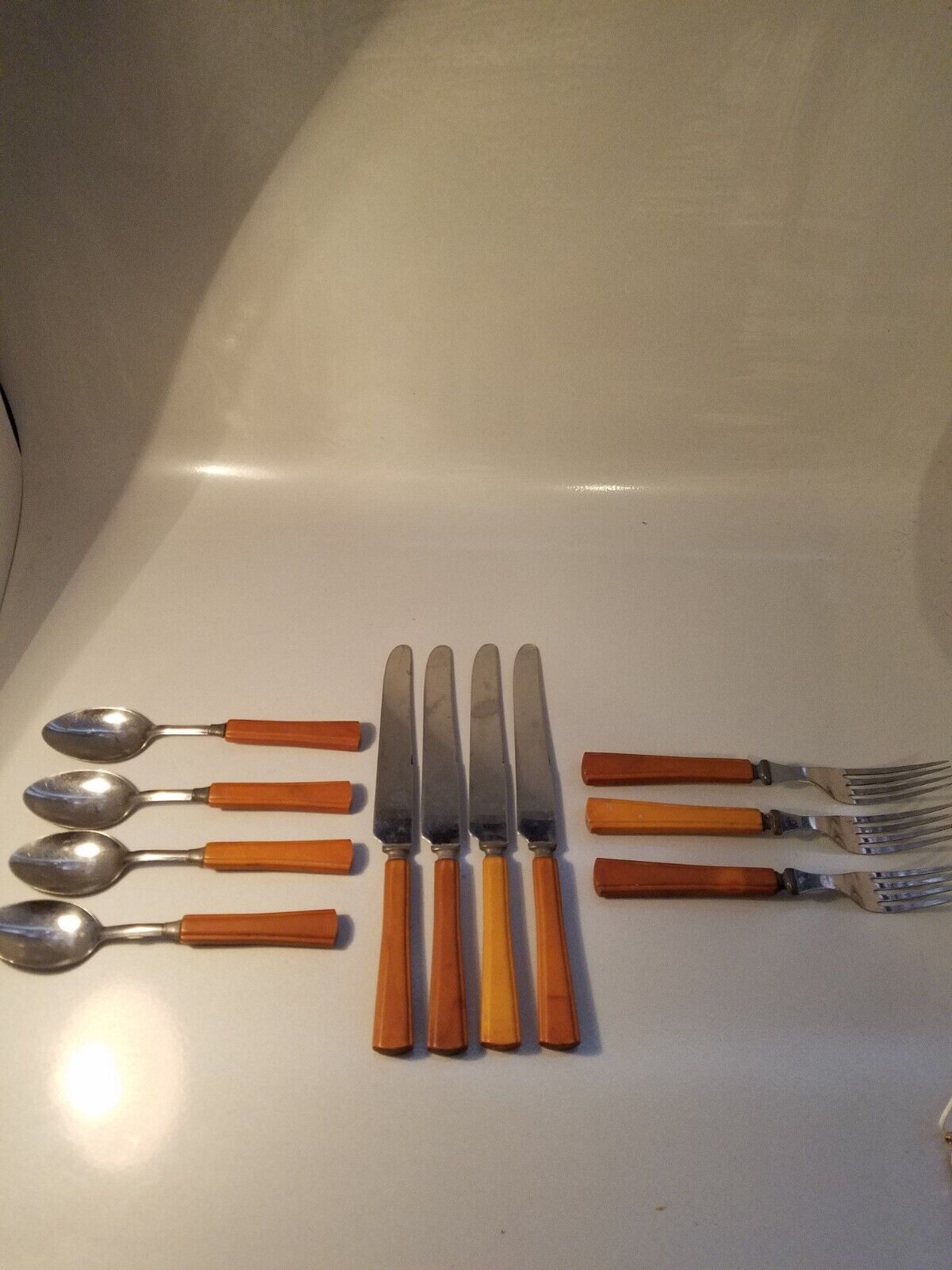 Vintage Lot of 11 Bakelite Butterscotch Universal Chrome Finish Fork Knife Spoon