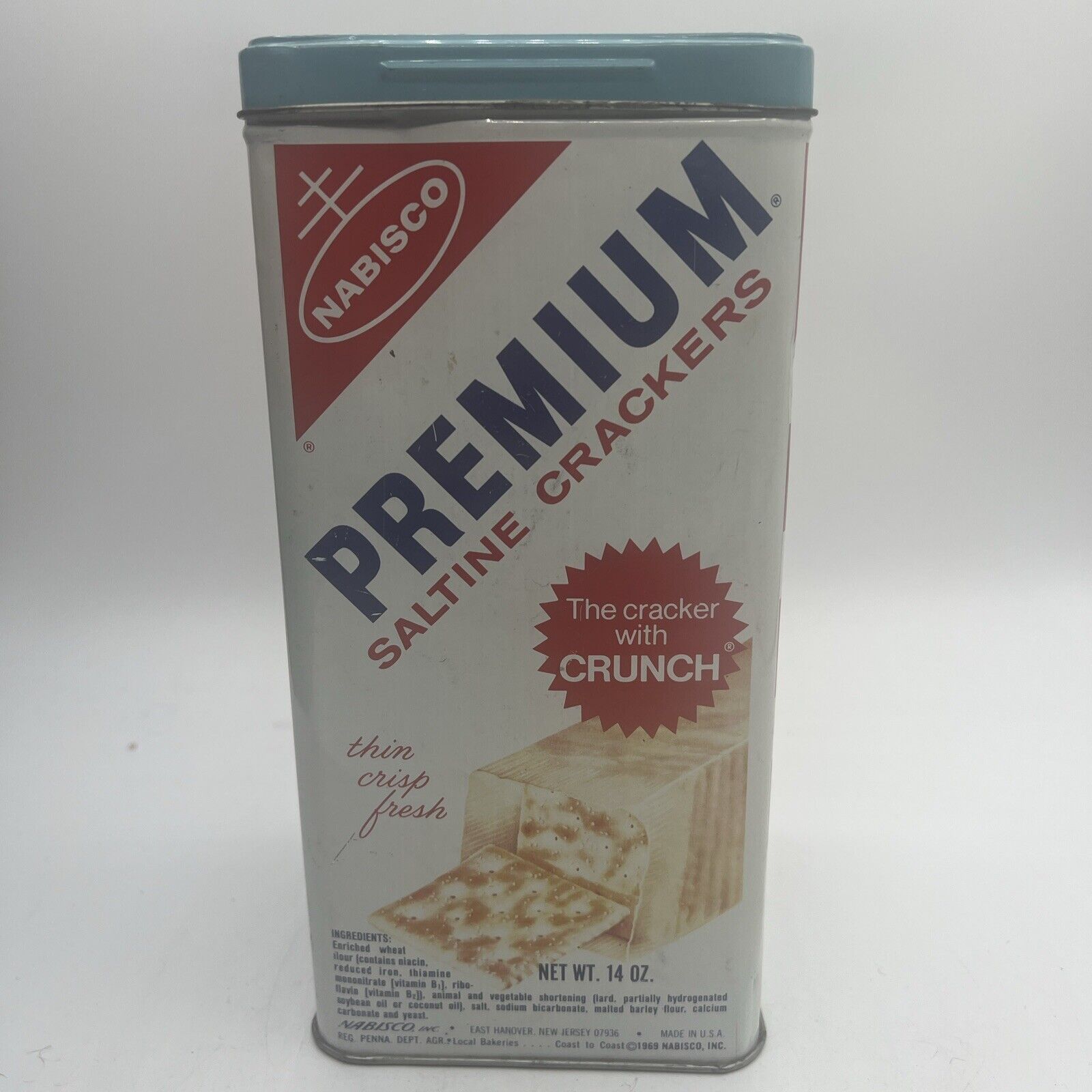 1969 Vintage Nabisco Premium Saltine Crackers Tin Blue Lid USA  