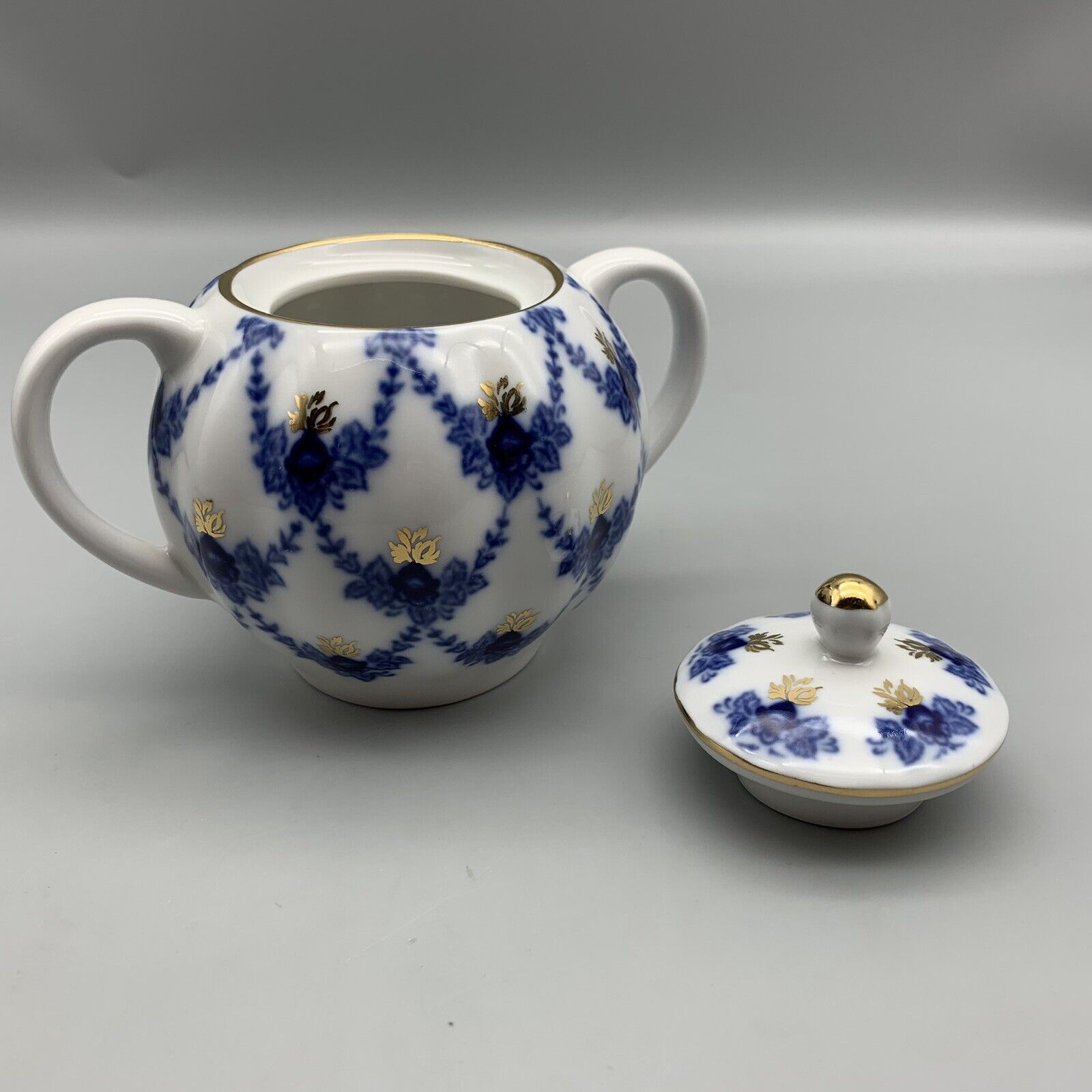 Lomonosov Porcelain Evening Time Sugar Bowl w/ Lid White Blue Hand Painted
