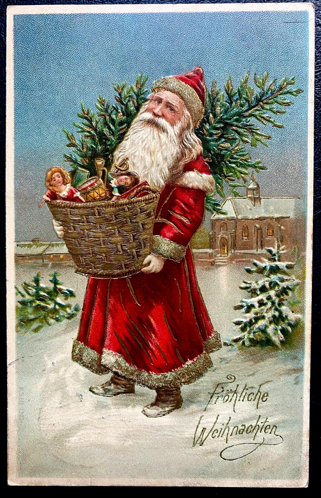 Red  Robe Santa Claus with Basket of Toys~Tree~Antique~Christmas Postcard~k277