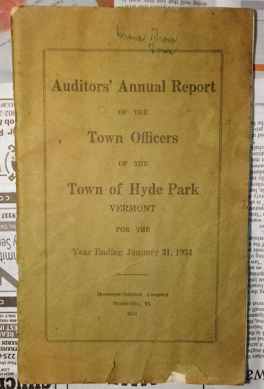Auditors' Annual Report - Town Officers - Hyde Park Vermont - 1934