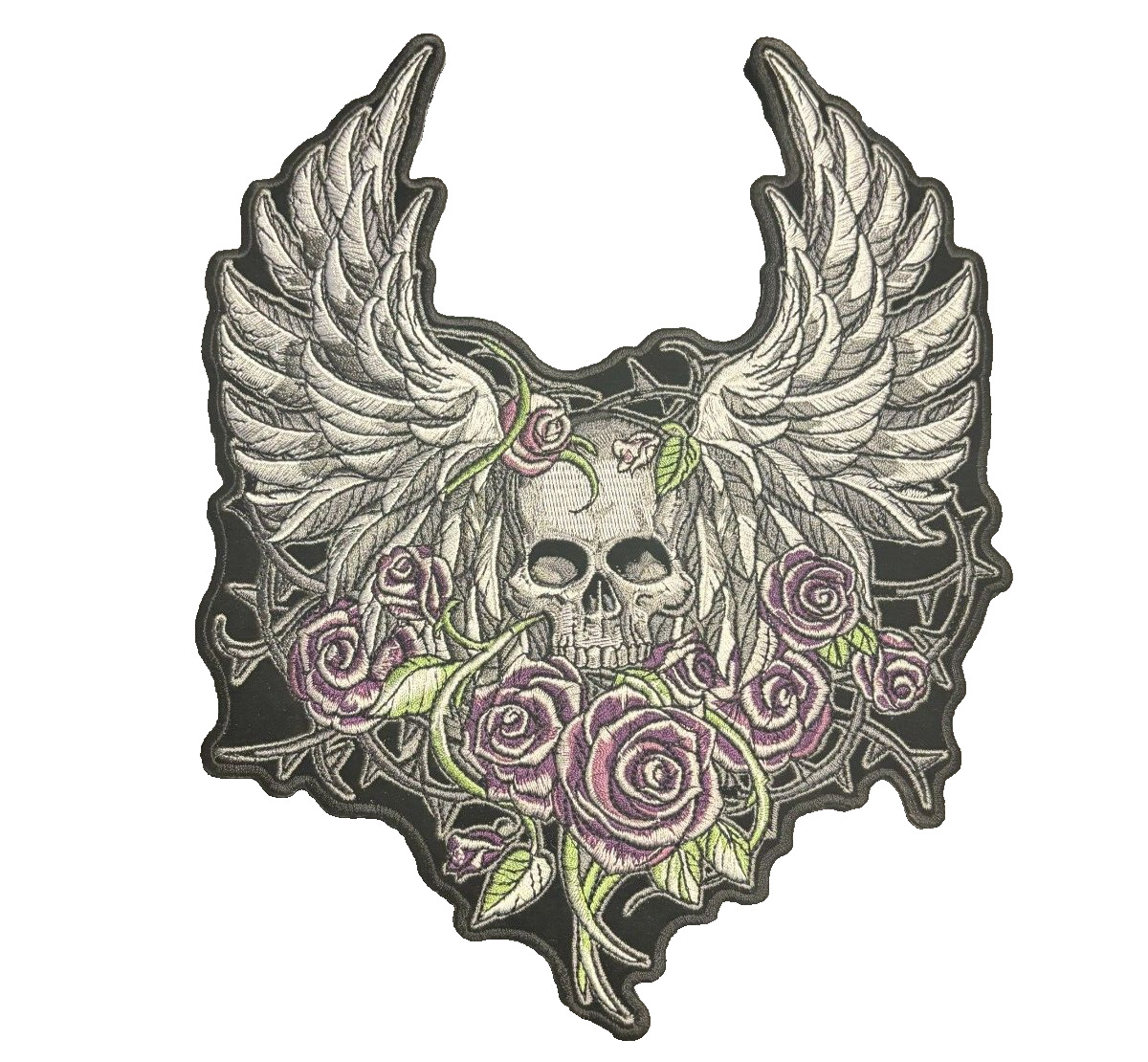 Skull and Roses with Wings Large Womens Biker Patch 10x8 Inch