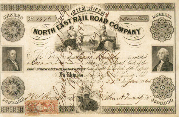John A. Tracy - Erie and the North East Railroad - Stock Certificate - Autograph