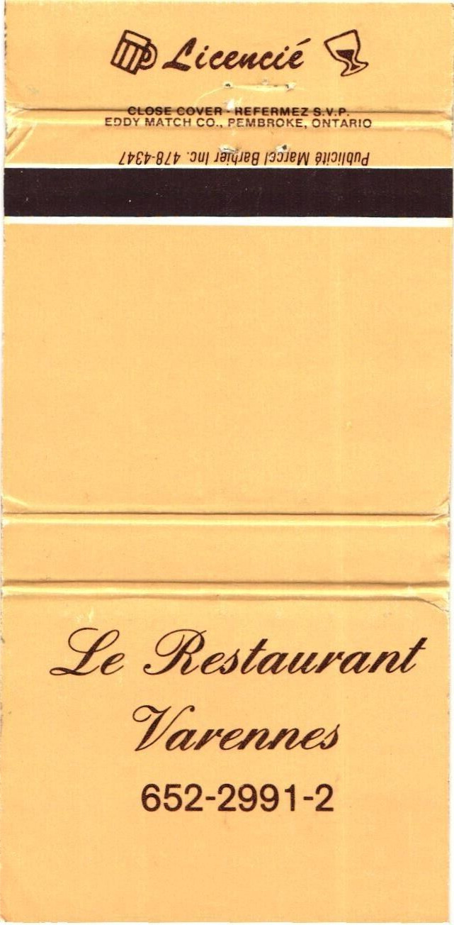 Quebec Canada Le Restaurant Varennes Vintage Matchbook Cover