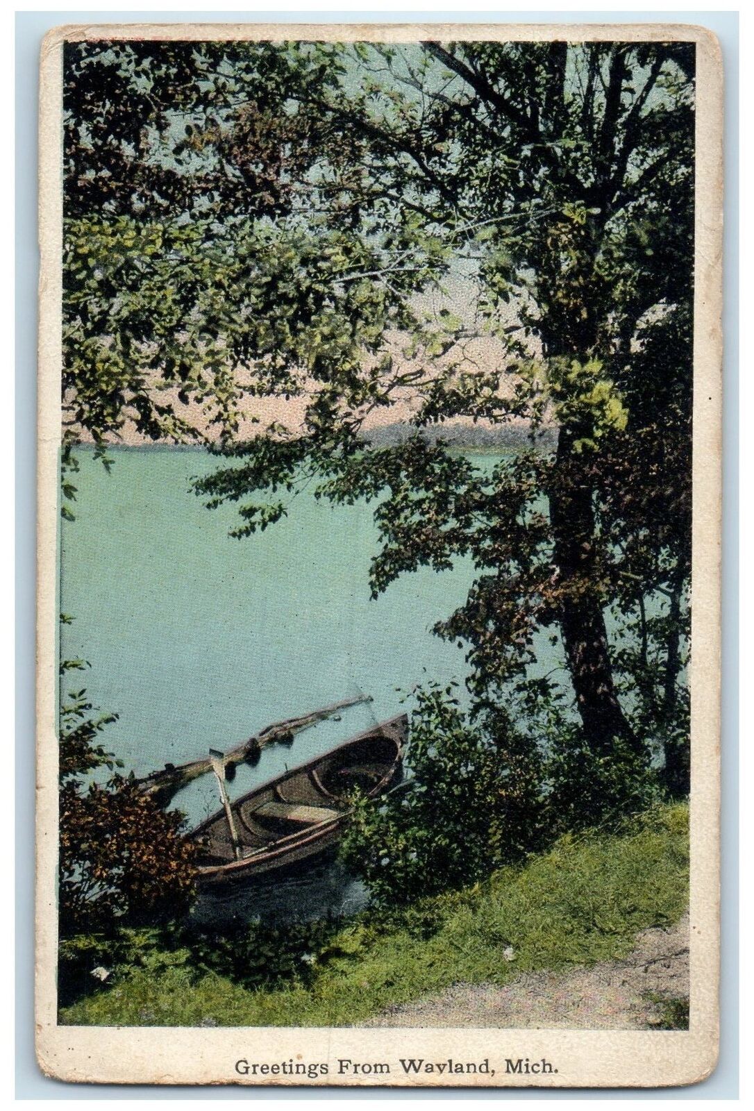 c1920's Greetings From Wayland Dock Boat Dirt Road Forest Michigan MI Postcard