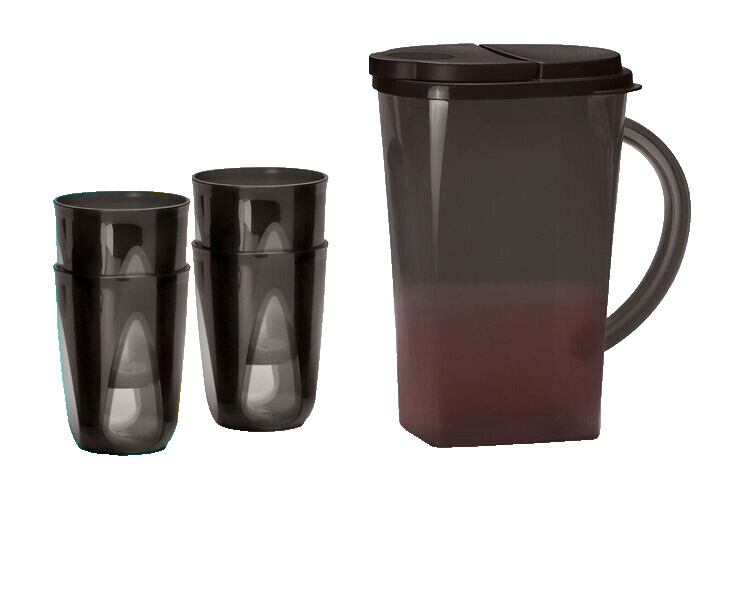 Tupperware Clear Impressions Gallon Pitcher and FOUR 16 oz Tumbler Set Black NEW