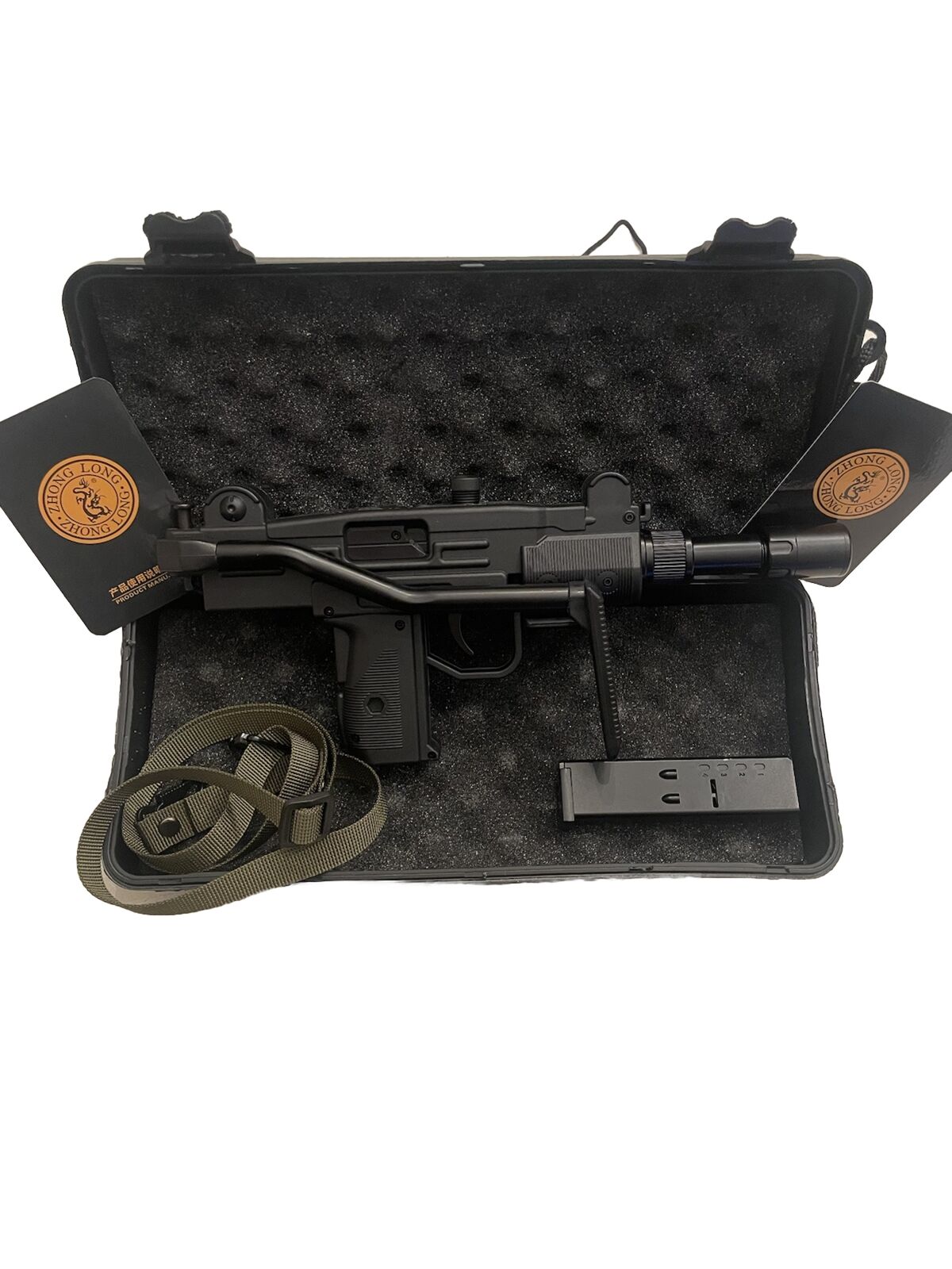 Uzi Shaped Gun Lighter METAL Fine Quality W/ Case & Barrel Attachment Black