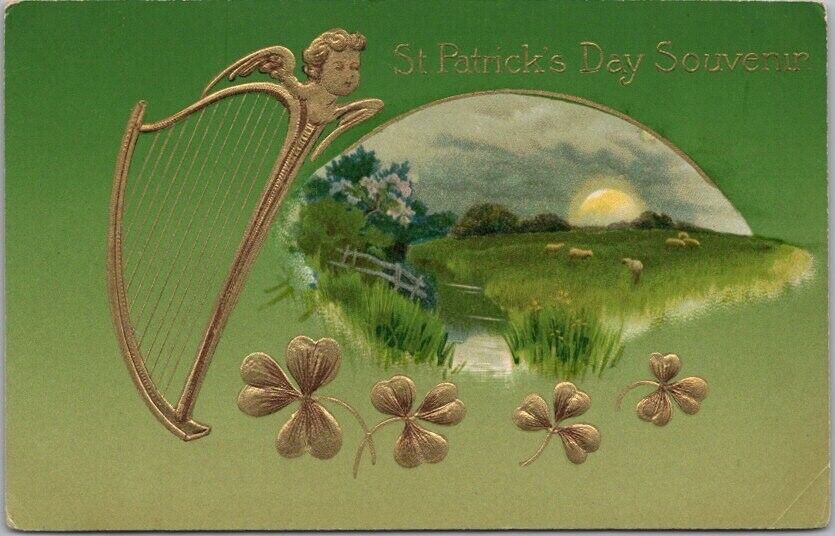 c1910s ST. PATRICK'S DAY Postcard Countryside Landscape / Sheep / Gold Harp