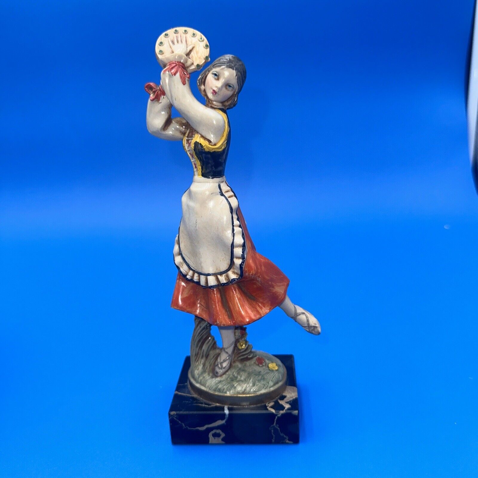 VTG Fontanini Figure Depose Italy #906 Dancer With Tambourine Italy Marble Base