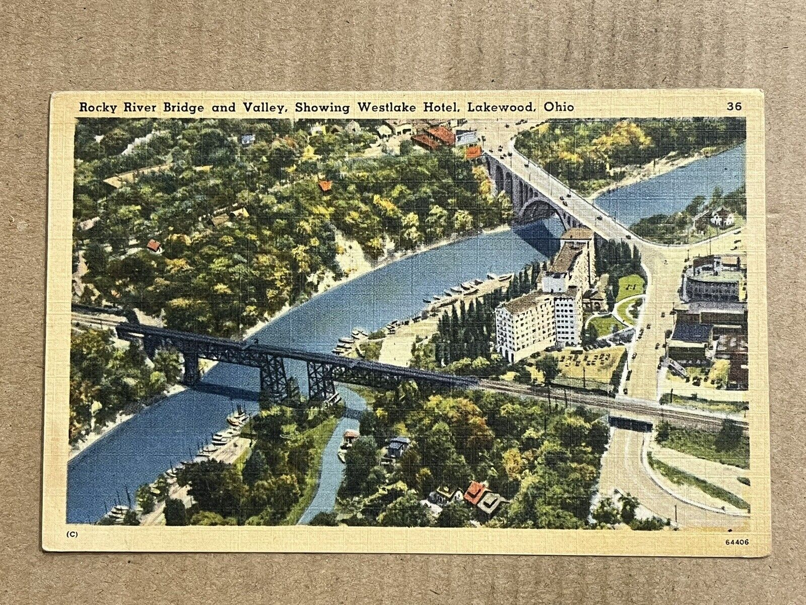 Postcard Lakewood OH Ohio Rocky River Bridge Valley Westlake Hotel Aerial View