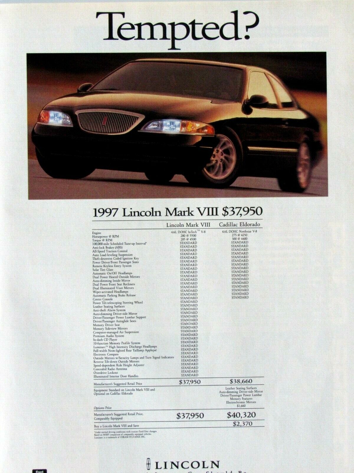 1997 Lincoln Continental Vintage Tempted Original Print Ad 8.5 x 11\