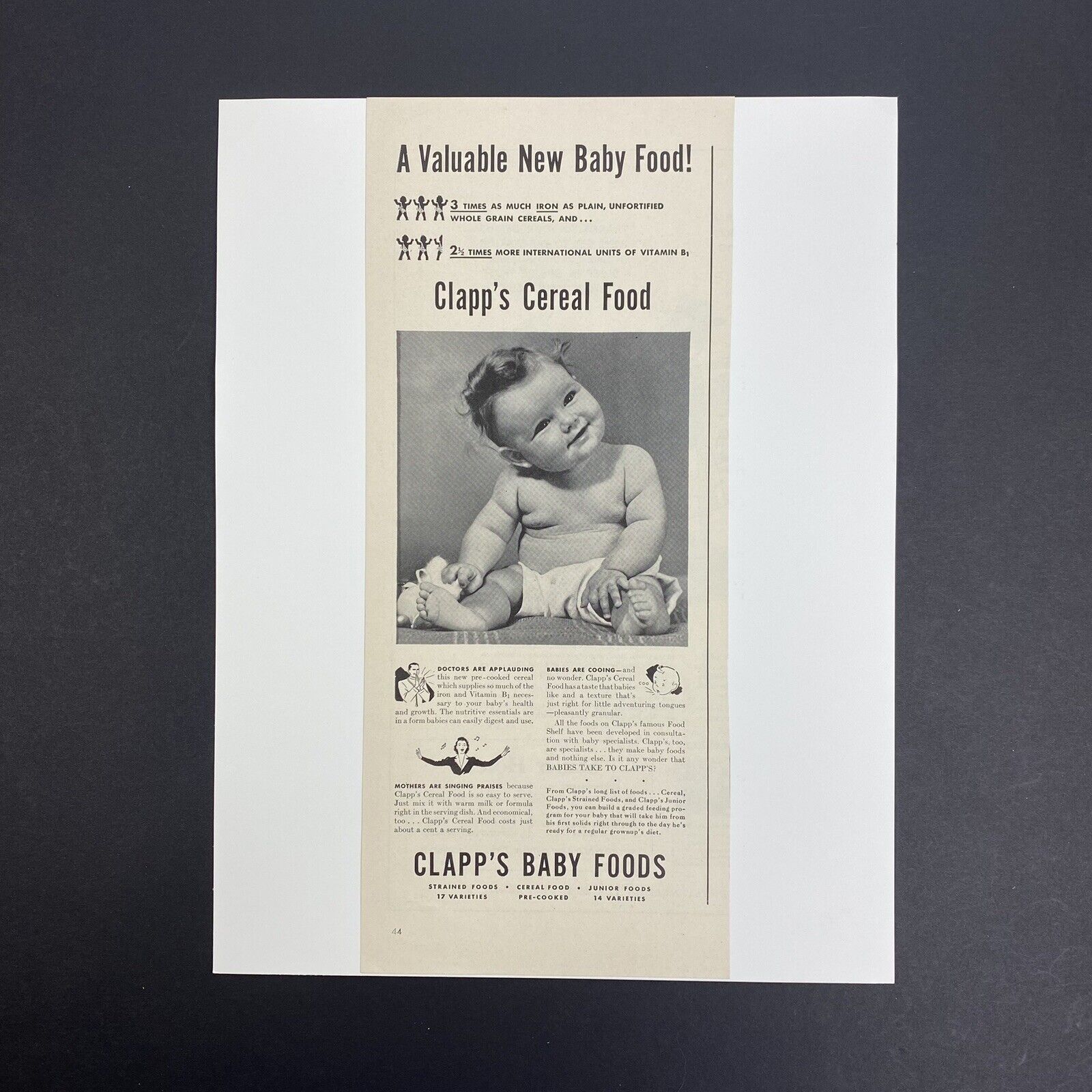 Vintage 1942 Clapp\'s Cereal Baby Food Print Ad WWII Era Infant Smiling