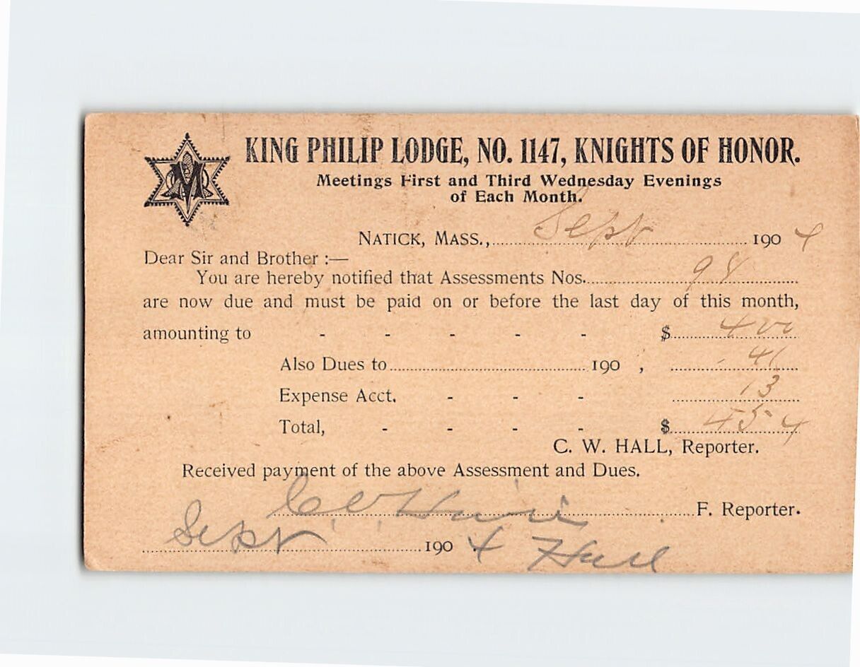 Postcard King Philip Lodge No. 1147 Knights of Honor Due Notice