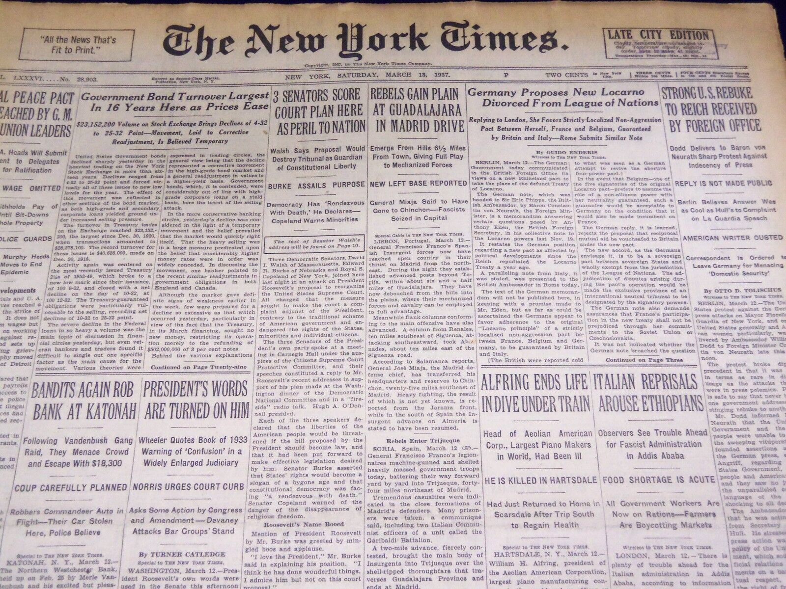 1937 MARCH 13 NEW YORK TIMES - REBELS GAIN AT GUADALAJARA - NT 3404