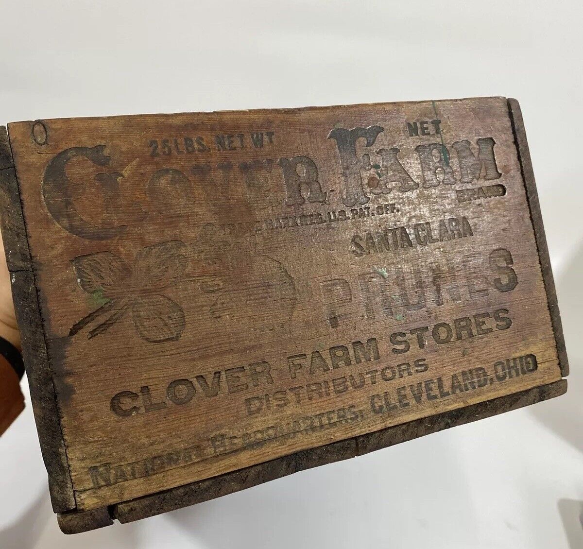 Vintage Clover Farm Store Santa Clara PRUNES WOOD Embossed ADVERTISING CRATE BOX