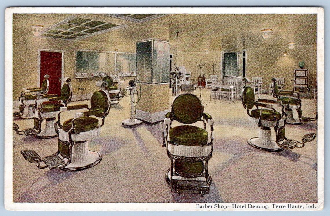 1915 BARBER SHOP INTERIOR CHAIRS HOTEL DEMING TERRE HAUTE INDIANA POSTCARD