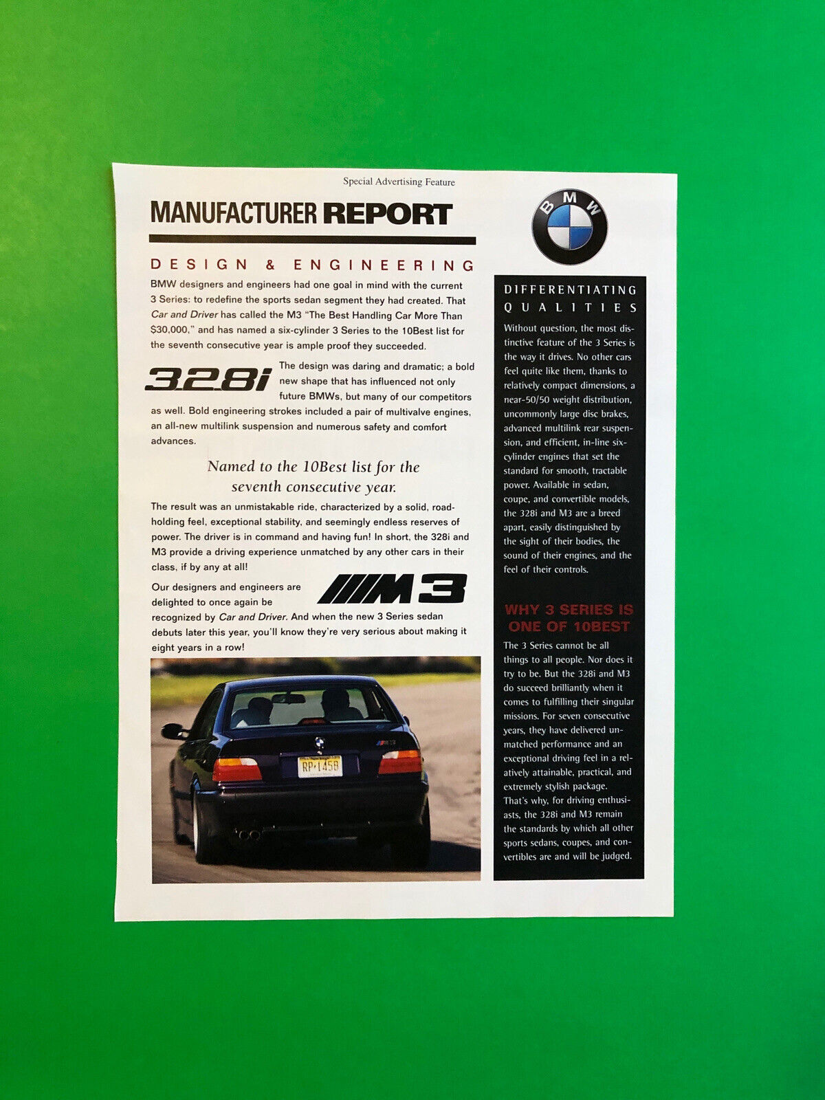 1998 BMW M3 328i ORIGINAL VINTAGE PRINT AD ADVERTISEMENT