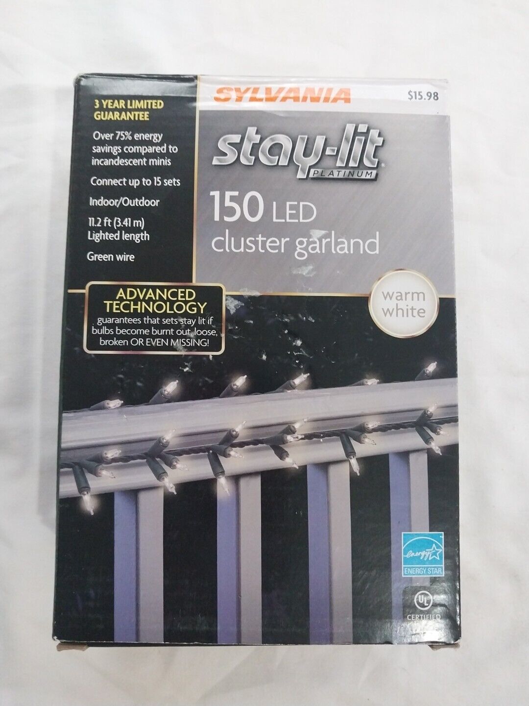 Sylvania Stay-Lit 11.2 ft LED Cluster Garland Warm White Lights  NEW