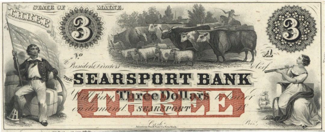 Searsport Bank $3 - Obsolete Notes - Paper Money - US - Obsolete